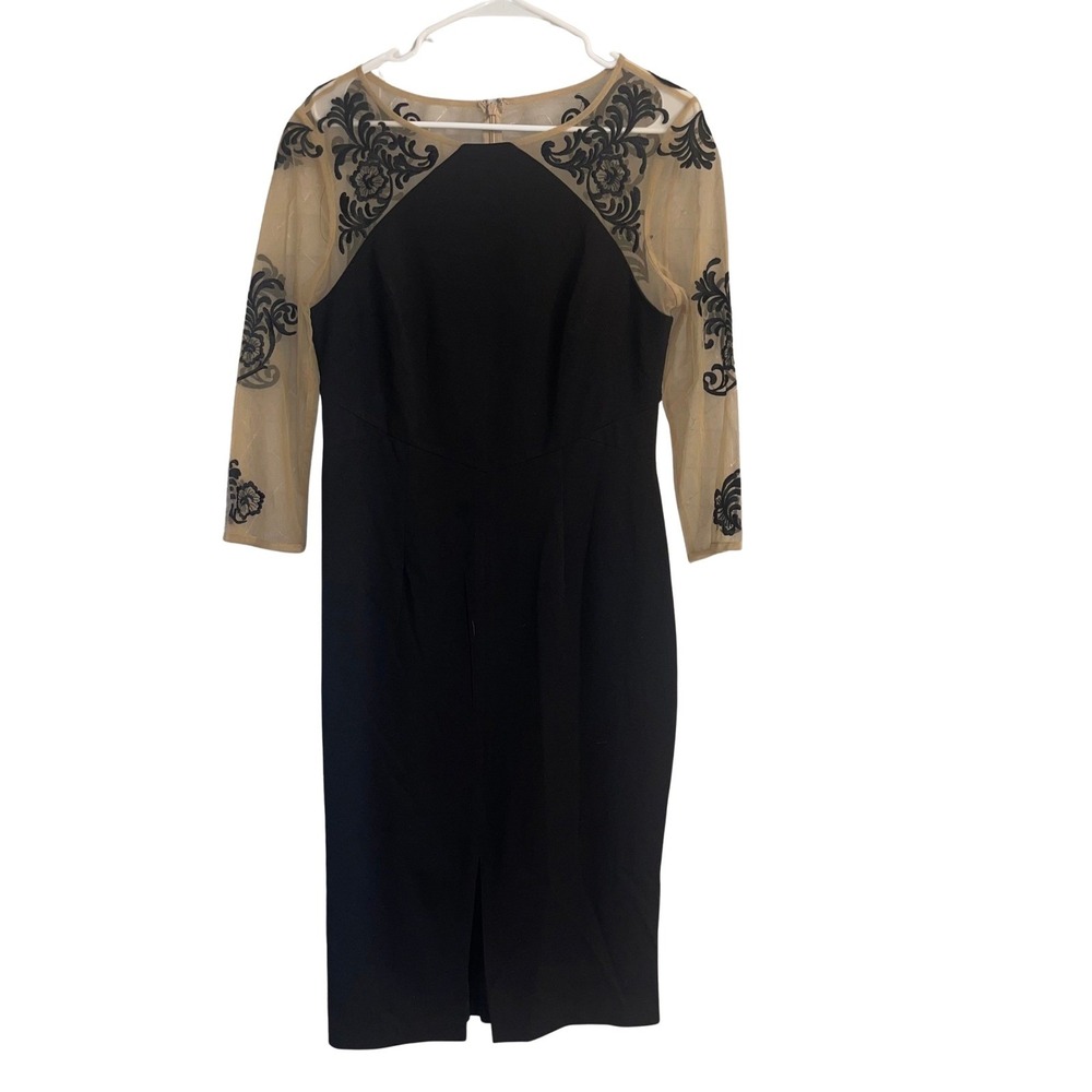 Elegant Black Sheath Dress Sheer Lace Sleeve Chic Cocktail Evening Look Size 10
